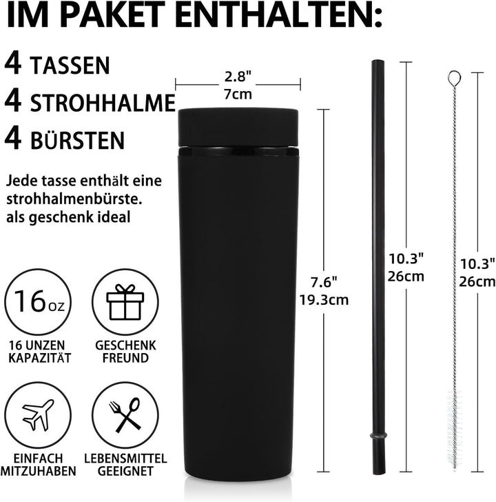 Volhoply 480ml Kunststoff Skinny Becher Mit Deckel und Strohhalm Bulk 8 Pack, Isoliert Doppelwand Bp