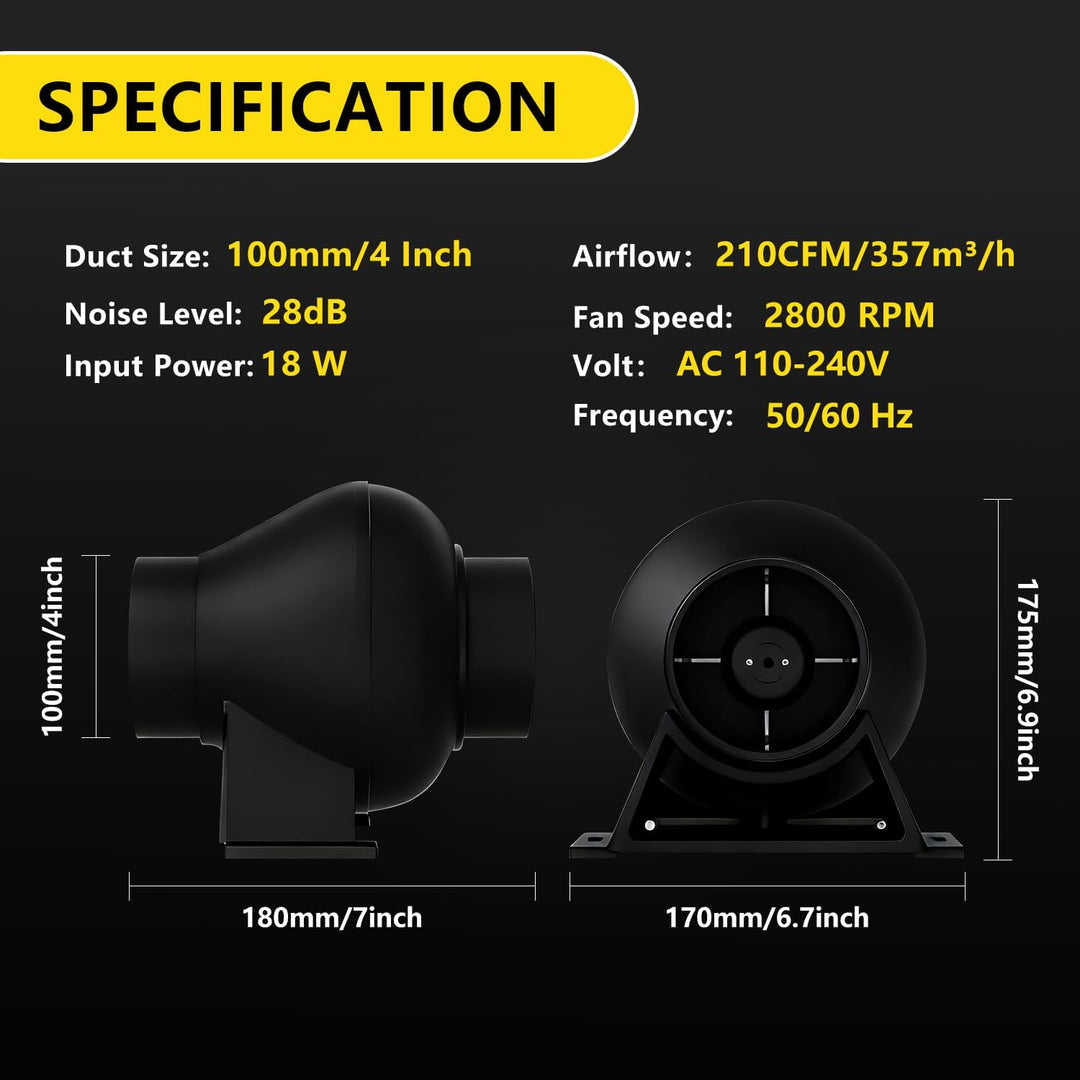 Rohrventilator 100mm, 18W EC-Motor Abluftventilator 2800 RPM 28 dB leise Rohrventilator FüR Growzelt