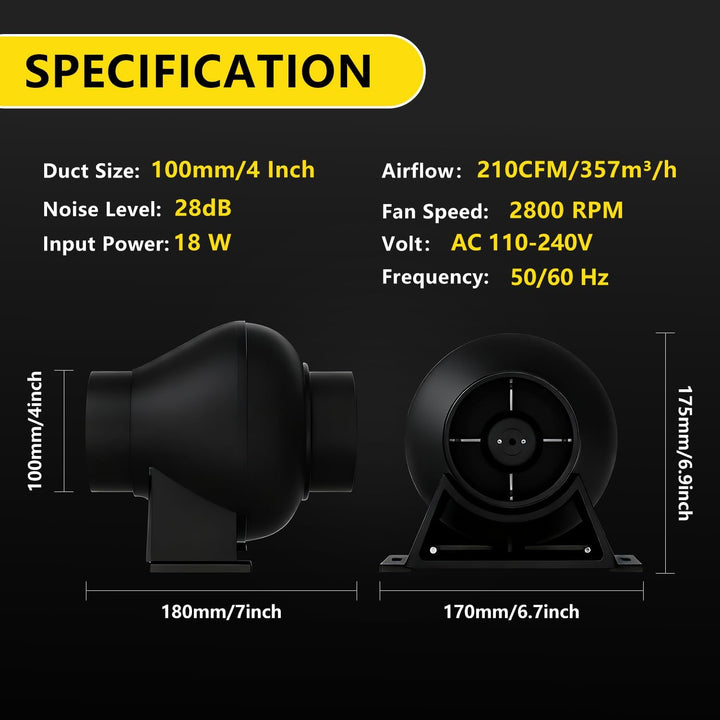Rohrventilator 100mm, 18W EC-Motor Abluftventilator 2800 RPM 28 dB leise Rohrventilator FüR Growzelt