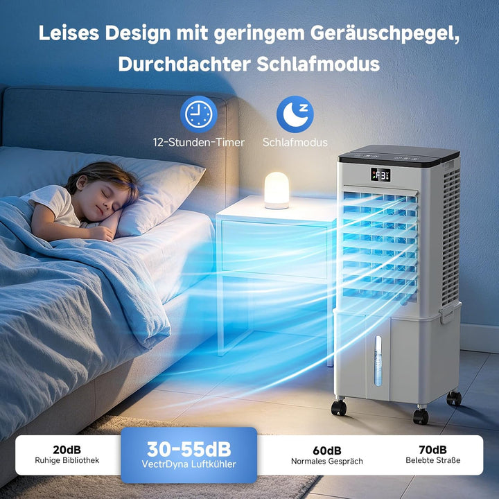 4-in-1 tragbares Klimagerät, Verdunstungsluftkühler mit 10L Wassertank, 4 Modi und 3 Geschwindigkeit
