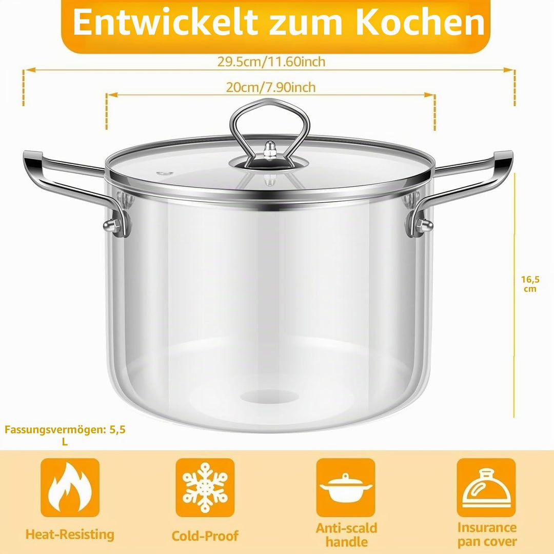 Köcheltopf aus klarem Glas mit Deckel 4. 5 l hitzebeständiger Herdtopf mit Edelstahlgriffen, Kochges