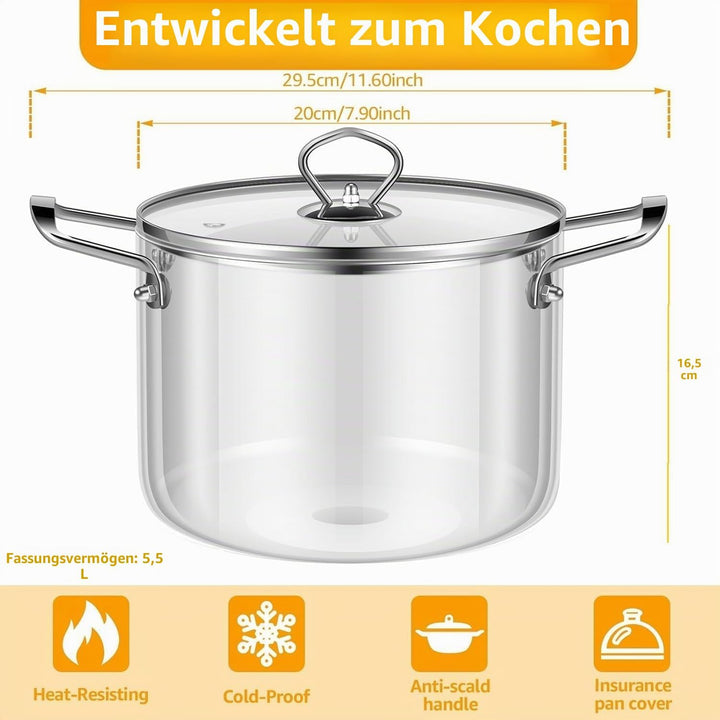 Köcheltopf aus klarem Glas mit Deckel 4. 5 l hitzebeständiger Herdtopf mit Edelstahlgriffen, Kochges
