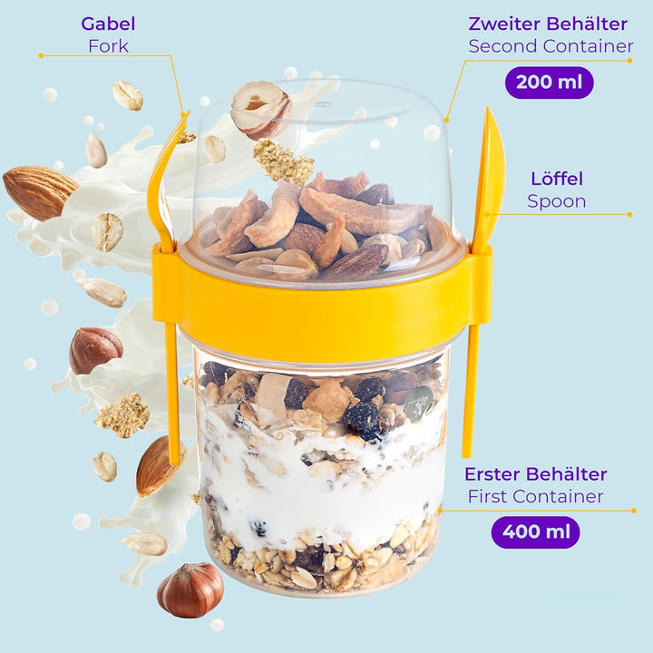 spar-home Müslibecher To Go – 4er Set Joghurtbecher To Go mit Löffel und Gabel Müsli To Go Becher 60