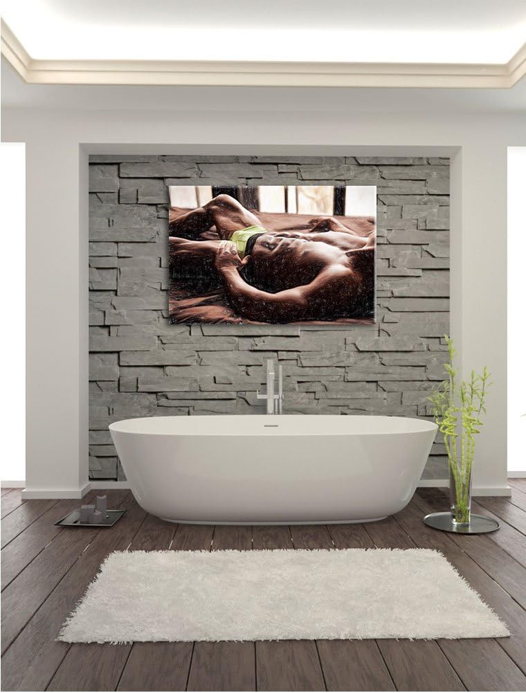 Pixxprint Muskulöser Mann im Bett als Leinwandbild/Grösse: 100x70 / Wandbild/Kunstdruck/fertig bespa