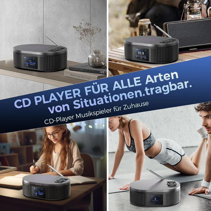 Desobry Tragbarer CD-Player mit Bluetooth, Grossem LCD-Display, Akku, Lautsprecher, AUX, USB, UKW-Ra