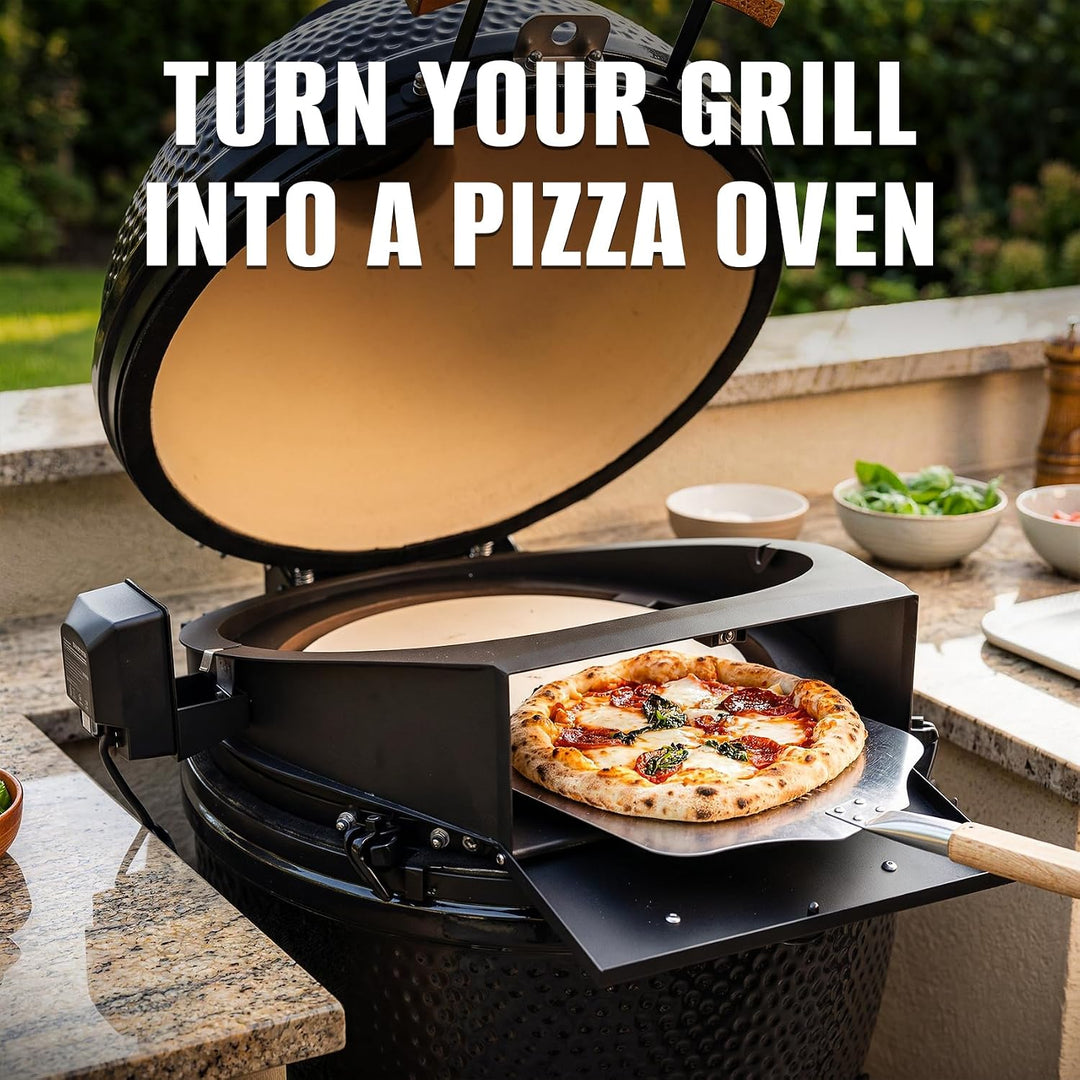Onlyfire 6065 PizzaRing Kit mit Drehspiess, Pizzaeinsatz und Rotisserie Grillspiess für Kamado Joe C