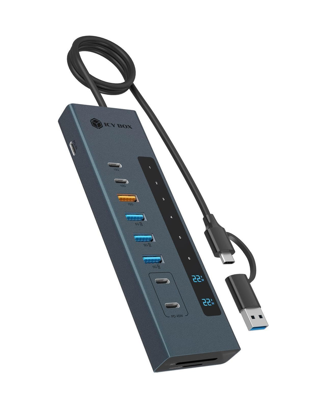 ICY BOX (11-in-1) USB-C Hub mit Kartenleser, 2X USB-C &amp; 1x USB-A (10 Gbit/s), 3X USB-A (5 Gbit/s), 1