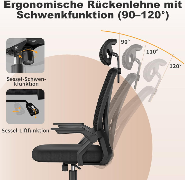 naspaluro Bürostuhl, Schreibtischstuhl mit Mesh, Lenden- und Kopfstütze, Drehstuhl mit 90° Klappbare