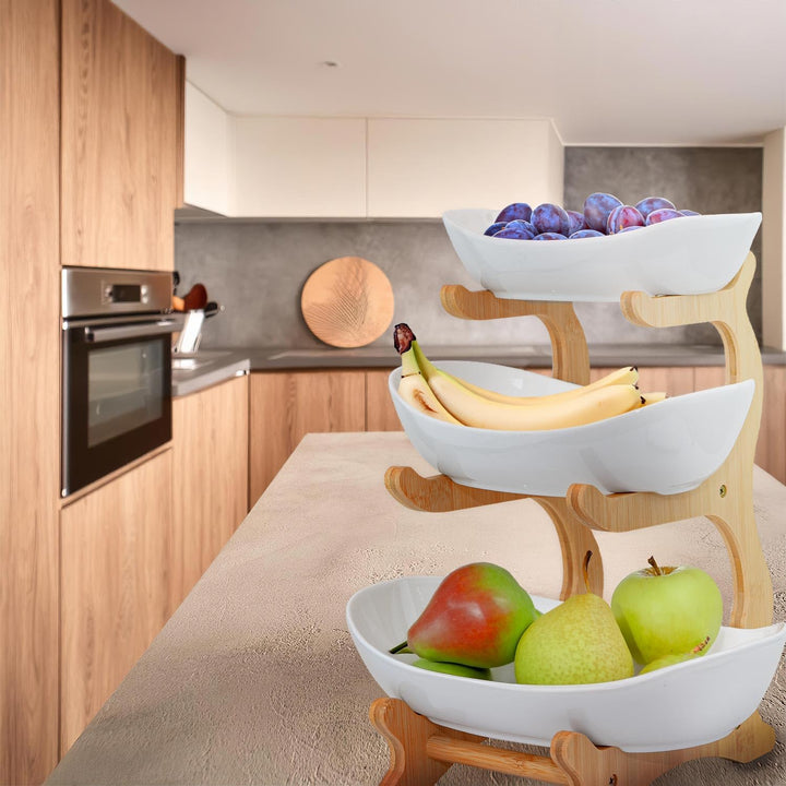 Dimono® Etagere Deluxe Servier-Ständer; 3-Etagen Keramik-Servierschalen; Obst- & Gemüseschale mit Ba