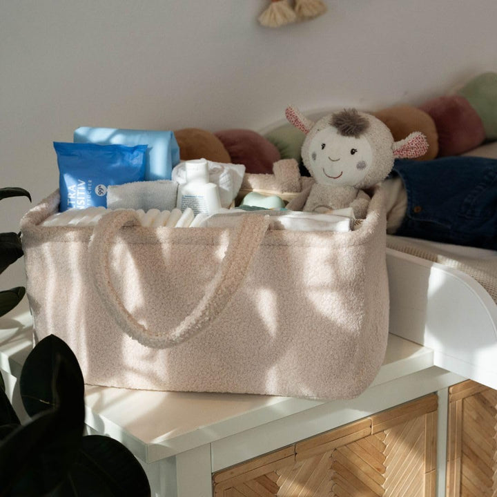 Windelkorb Baby aus weichem Teddystoff – Wickelorganizer für Wickeltisch & Wickelkommode, Diaper Cad