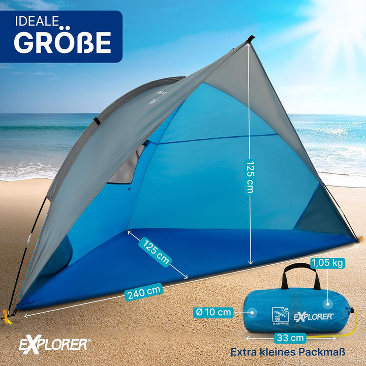 EXPLORER Reise Strandmuschel mit UV Schutz 80+ [240x125x125cm] kleines Packmass [9x32cm] leicht [1Kg