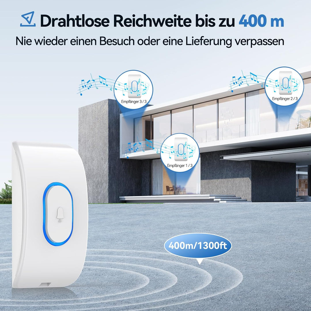 TECKNET Türklingel IP65 Funkklingel Aussen Wasserdicht | 400m Reichweite, Klingelset mit 1 Sender +