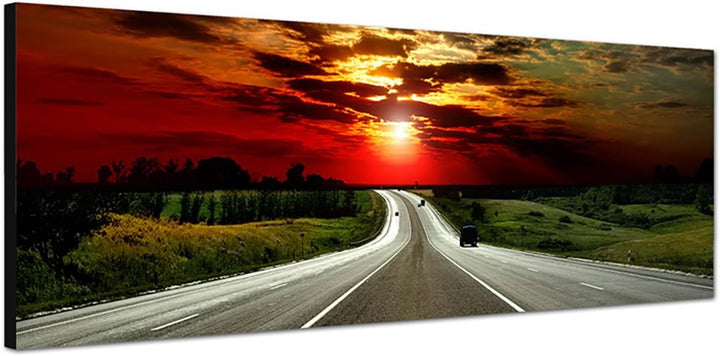 Paul Sinus Art Panoramabild auf Leinwand und Keilrahmen 150x50cm Landschaft Strasse Abendrot Wolkenh