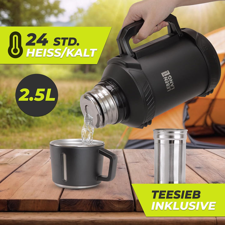 LEBENLANG Thermosflasche 2,5 Liter - 24h Heiss Inkl. Becher, Teesieb, Tragegurt I Trinkflasche Therm