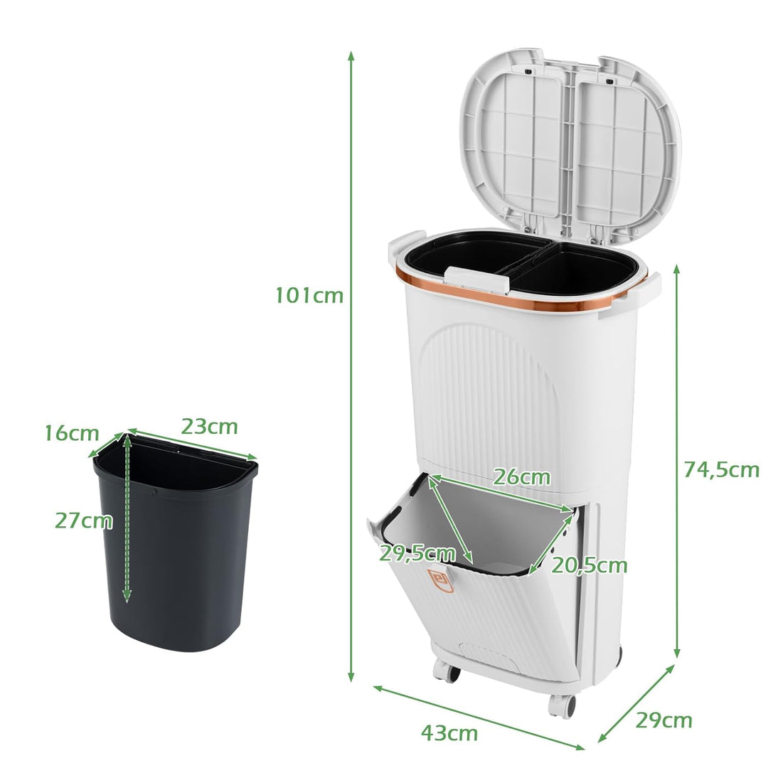 LIFEZEAL 38L / 42L Mülleimer auf Rädern, Abfalleimer mit 3 Fächern & Deckel, Tretmülleimer mit Griff