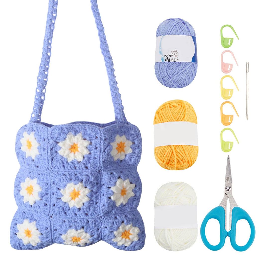 ORIGACH DIY Gänseblümchen-Häkel-Tragetaschen-Set für Anfänger, Floral Crochet Granny Square Handmade