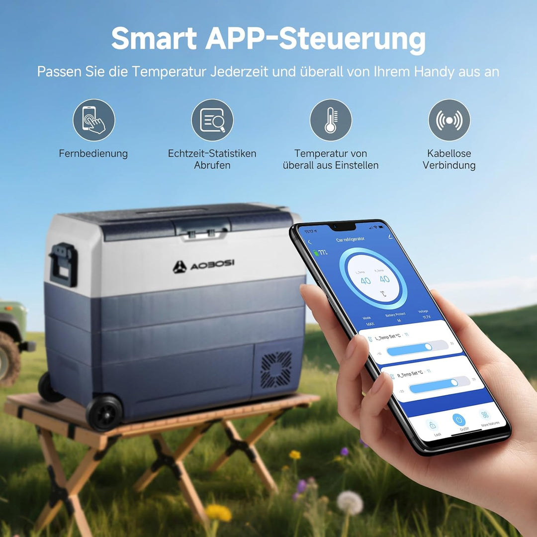 AAOBOSI Kompressor Kühlbox 60 L, Kühlbox Auto Mit APP Steuerung, 12/24 V und 100-240 V Camping Kühls