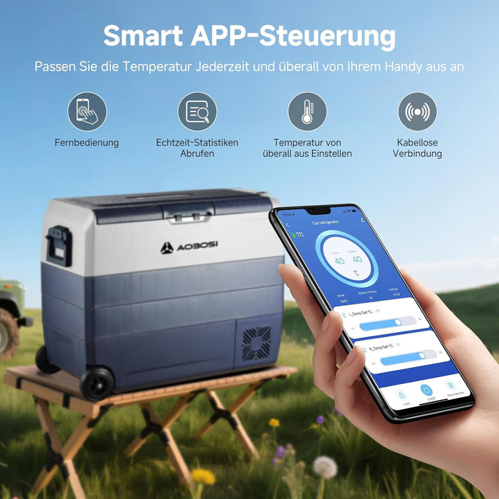 AAOBOSI Kompressor Kühlbox 60 L, Kühlbox Auto Mit APP Steuerung, 12/24 V und 100-240 V Camping Kühls