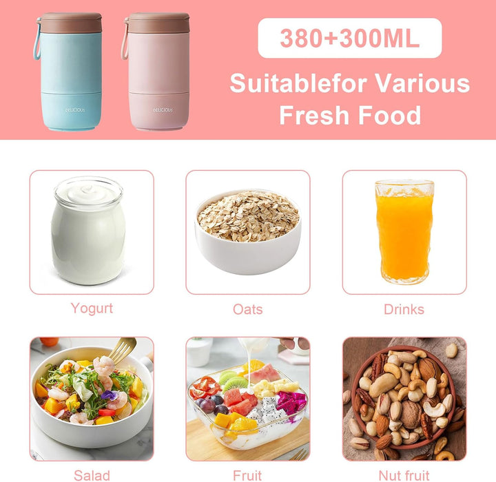 2 Stück Müslibecher To Go mit Deckel,PP-Material Porridge Becher Joghurtbecher to Go mit Löffel,780m