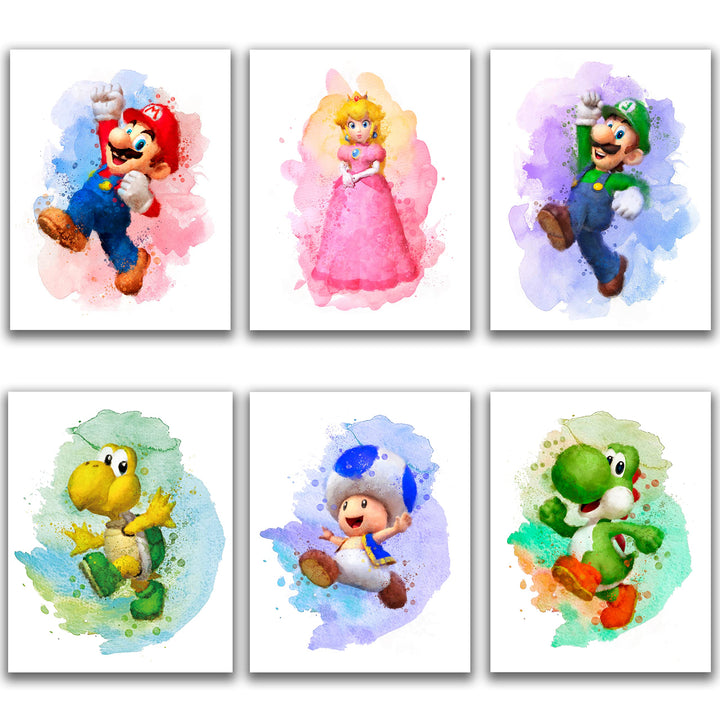 Super Mario Game Aquarell-Poster – Set mit 6 (20,3 x 25,4 cm) – Super Mario Wandkunst Spielzimmer-De