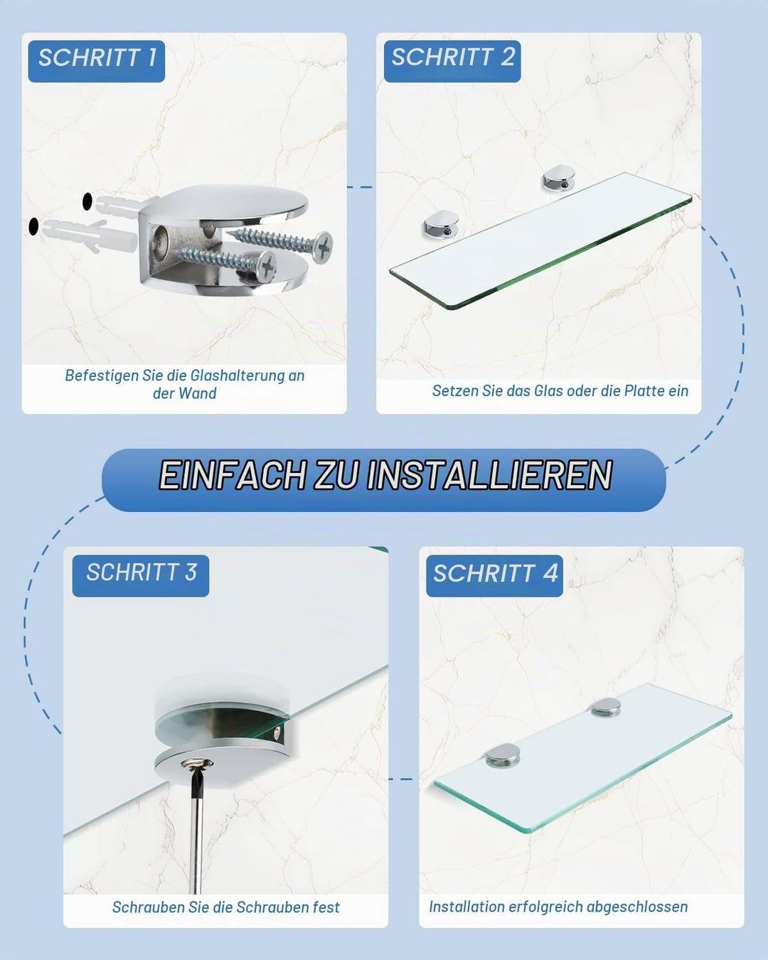 Glasregal 1 Set – 38 x 13 cm Klare Glasplatte (transparent) + 2,6 cm Klemmenhalter aus Zinklegierung