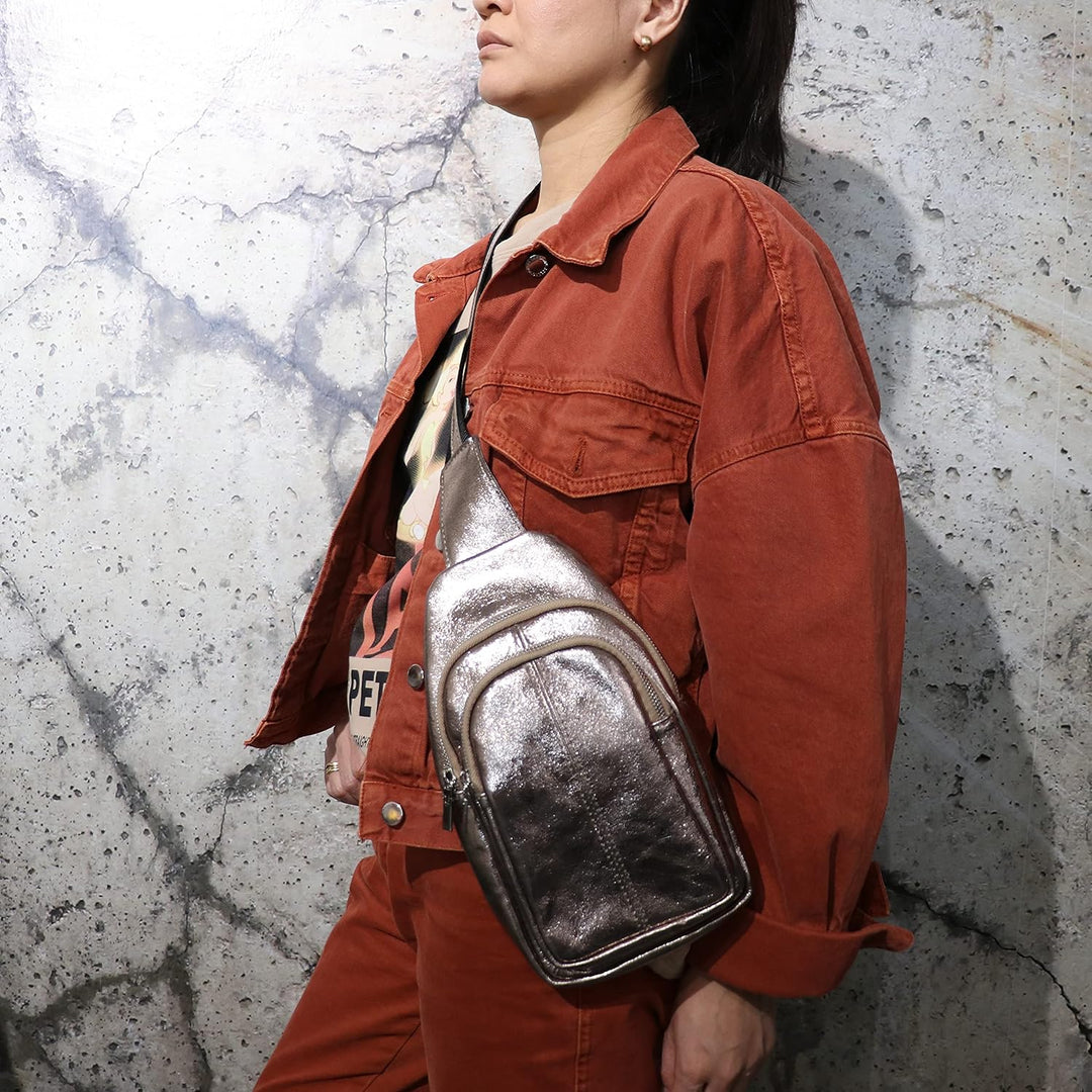 SH Leder echt Leder Damen Unisex Brusttasche für Festival Reise mittelgross Hüfttasche Crossbody Bag