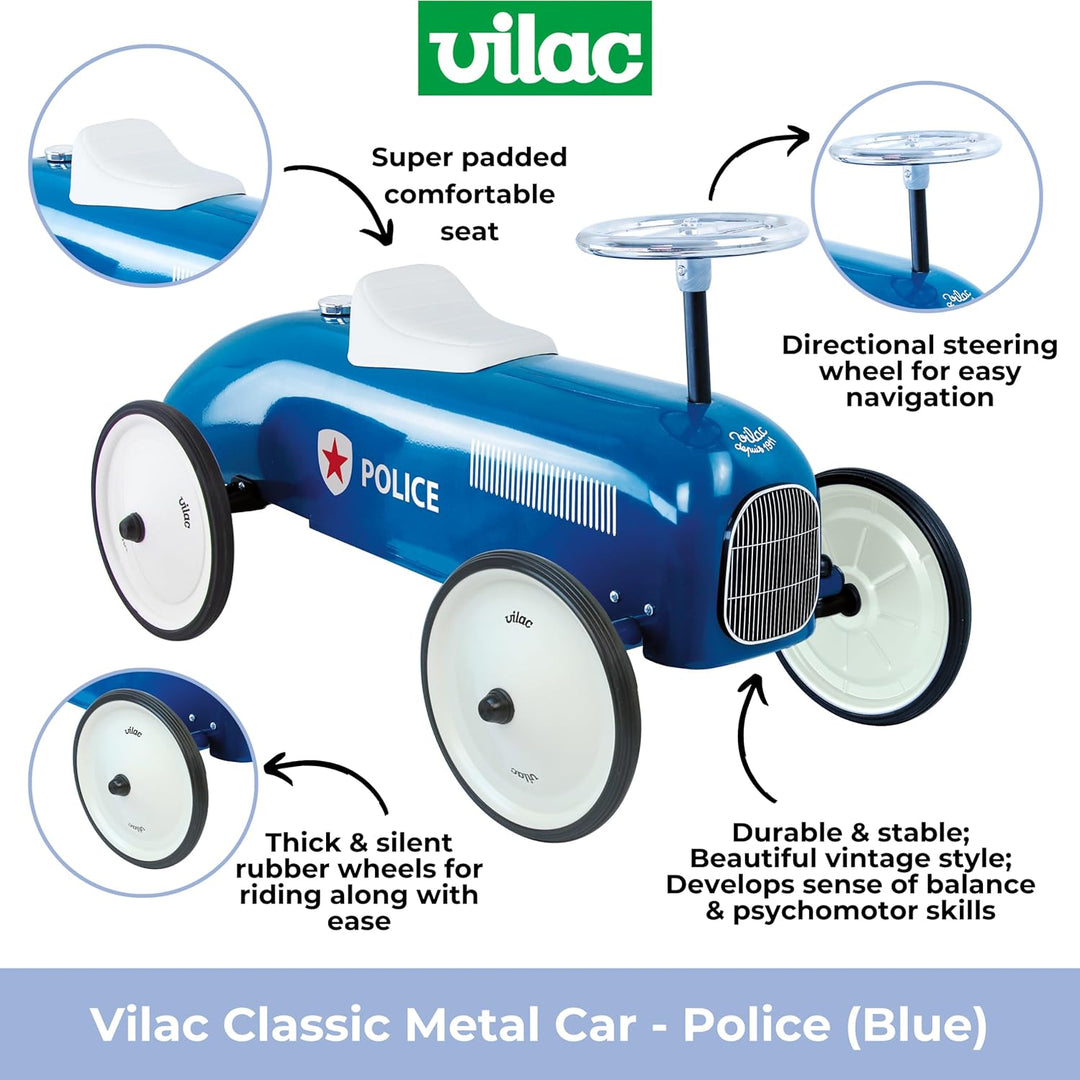 Vilac - Vintage Polizei Autoträger – Spielzeug aus Metall – leise Räder – Lenkrad – Dekoration – Bla