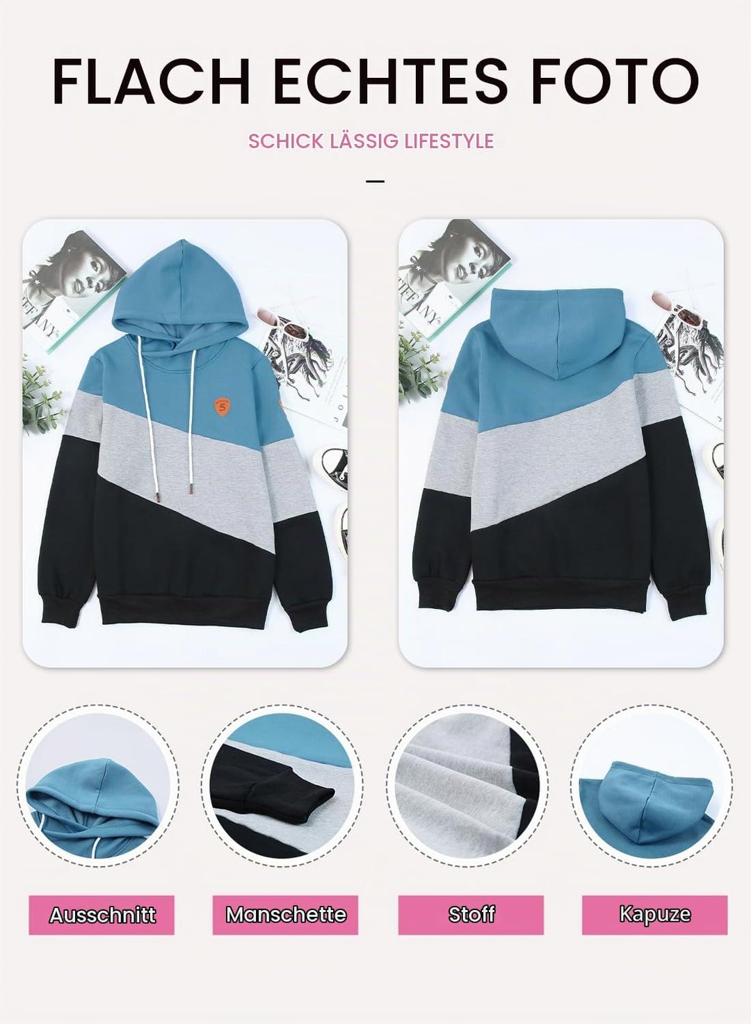 Damen Kapuzenpullover Stehkragen Hoodie Pullover Farbblock Sweatshirt Langarmshirt Oberteile für Her