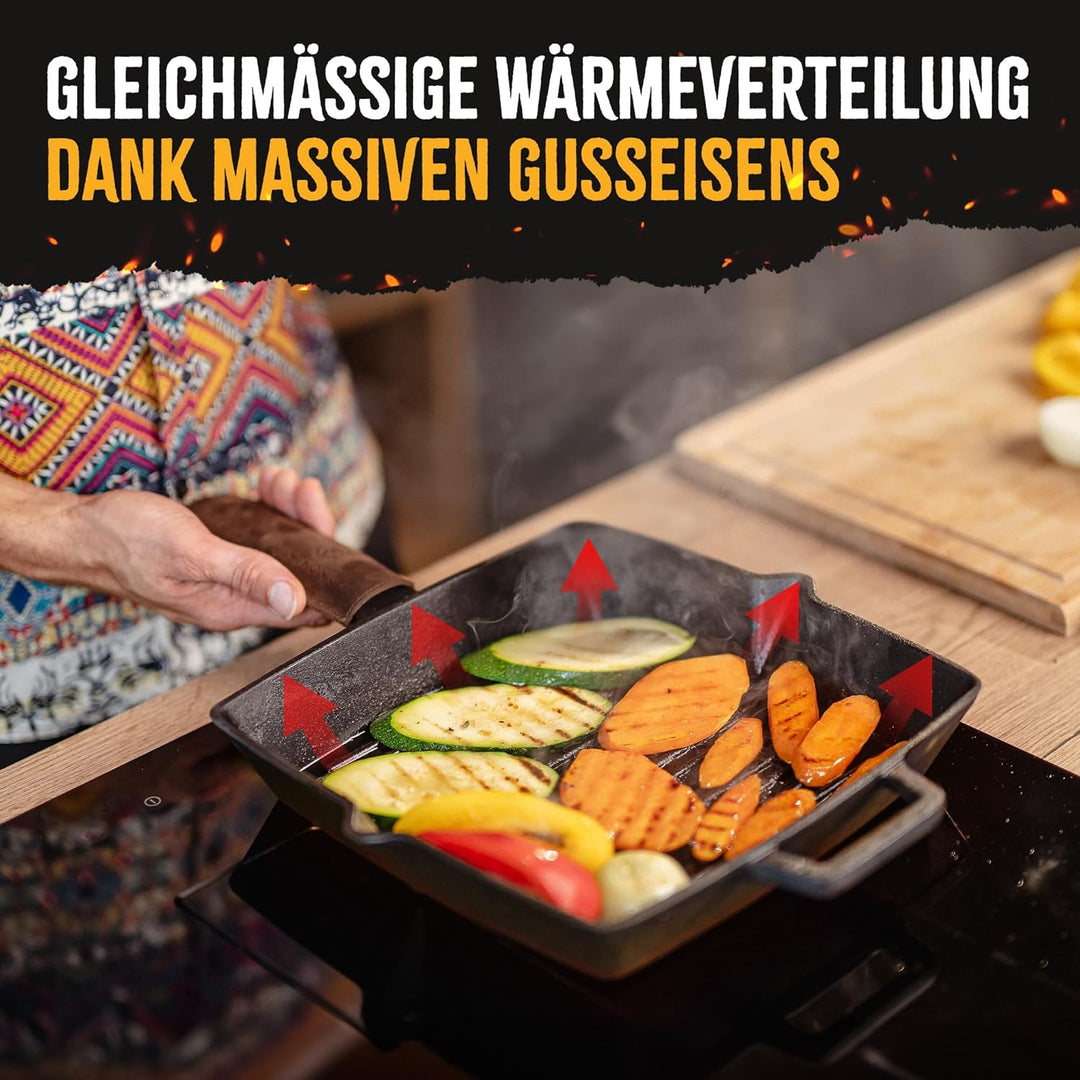 Grillpfanne Gusseisen 26 cm emailliert, voreingebrannt [Kein Einbrennen erforderlich], Steakpfanne g