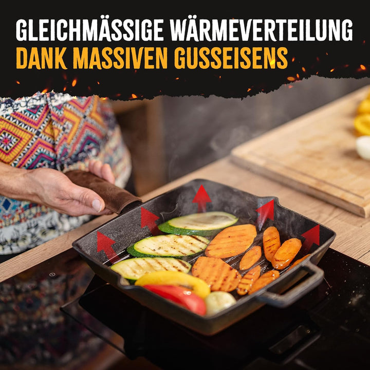 Grillpfanne Gusseisen 26 cm emailliert, voreingebrannt [Kein Einbrennen erforderlich], Steakpfanne g
