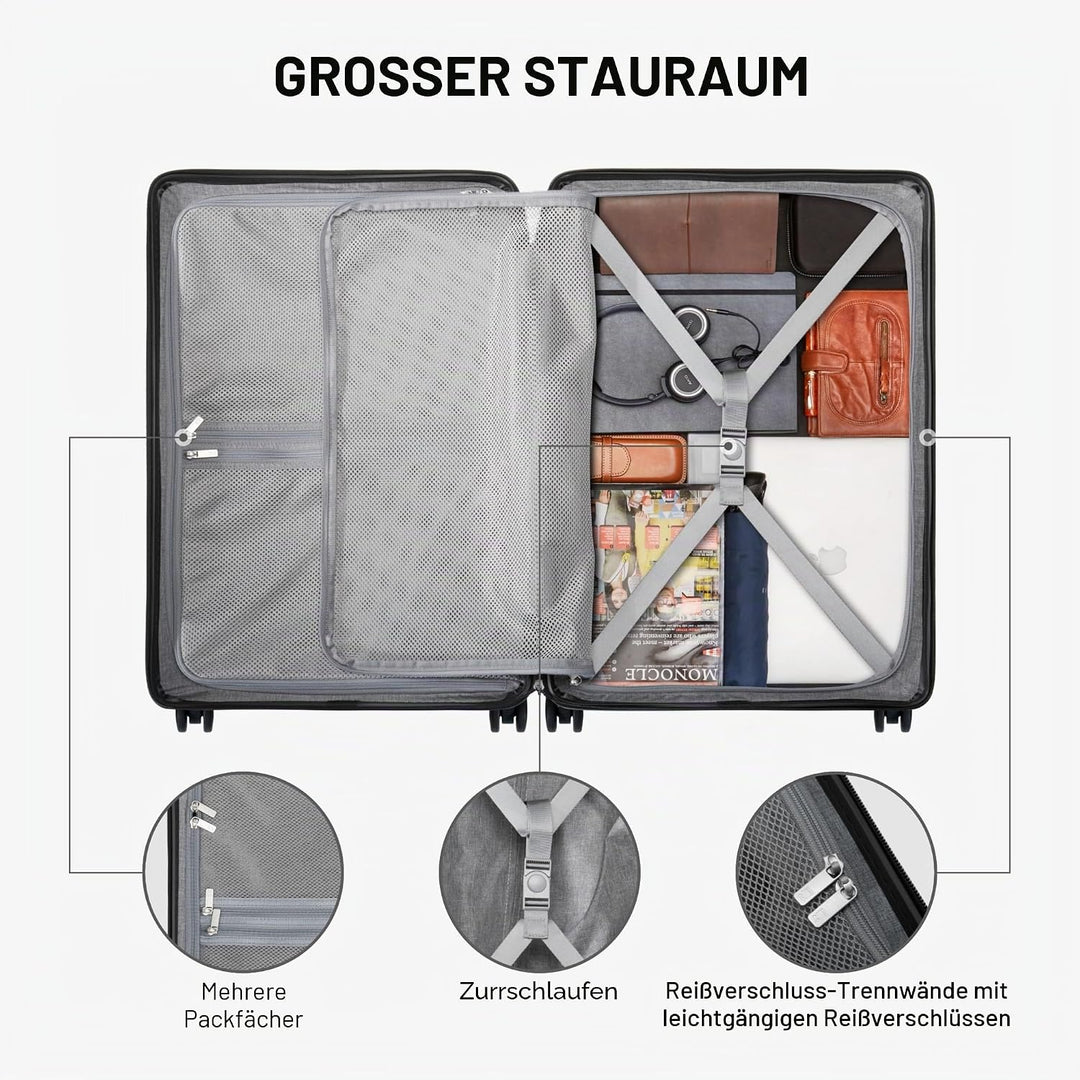 LEVEL8 Koffer Trolley Handgepäck mit Organizer Set 4-teilig, Leicht 100% PC TSA Zahlenschloss 8 Spin