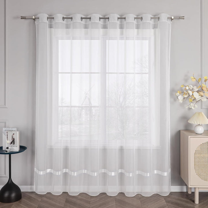 HongYa Stores Voile Gardine Schal Transparenter Vorhang mit Satinband Ösen H/B 245/450 cm Weiss H/B: