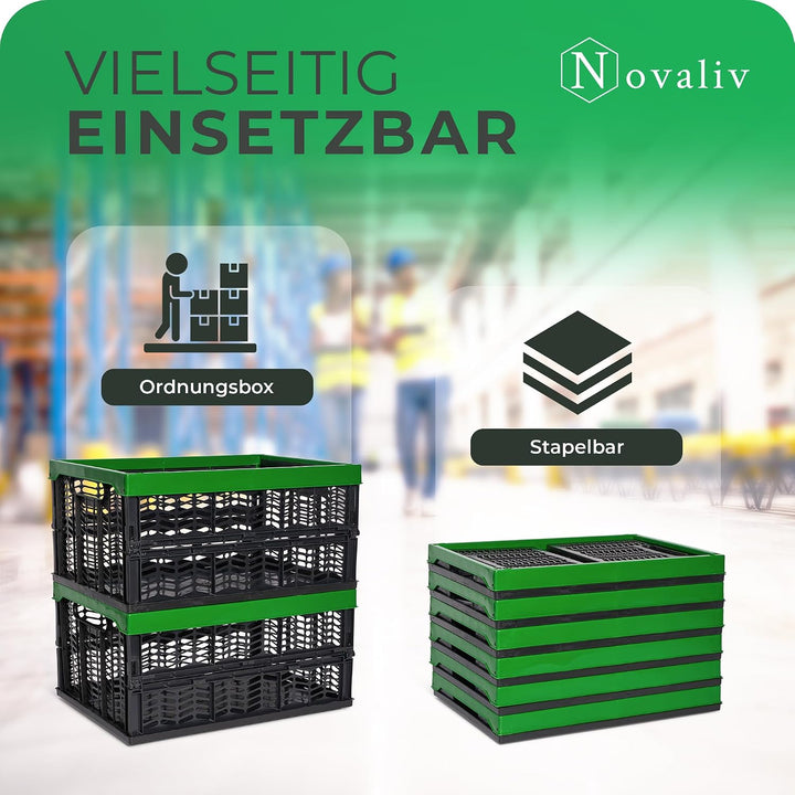 Novaliv Klappboxen faltbar stabil 4x 30L Grün Schwarz baskets Einkaufskiste Klappkisten Set Tragebox