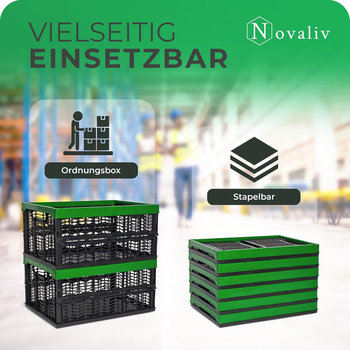 Novaliv Klappboxen faltbar stabil 2x 30L Grün Schwarz baskets Einkaufskiste Klappkisten Set Tragebox