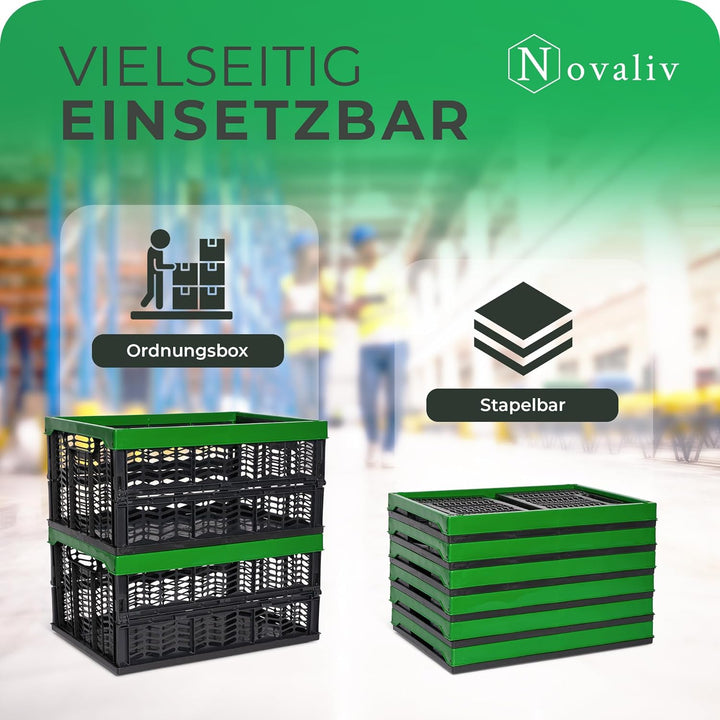 Novaliv Klappboxen faltbar stabil | 10x 30L Grün Schwarz baskets Einkaufskiste| Klappkisten Set Trag