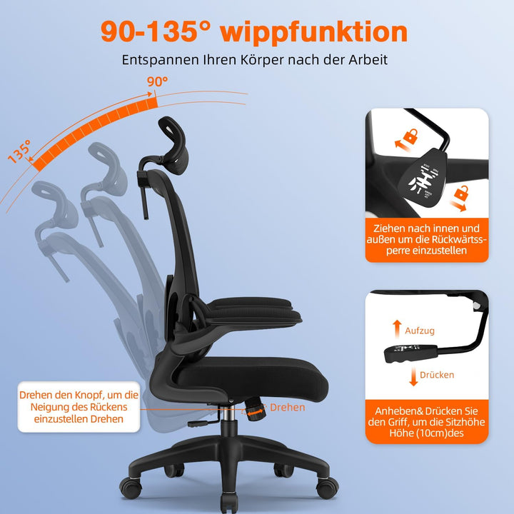 Bürostuhl, Bürostuhl Ergonomisch, Schreibtischstuhl mit 5D-Lendenwirbelstütze und Kopfstütze, 90° kl