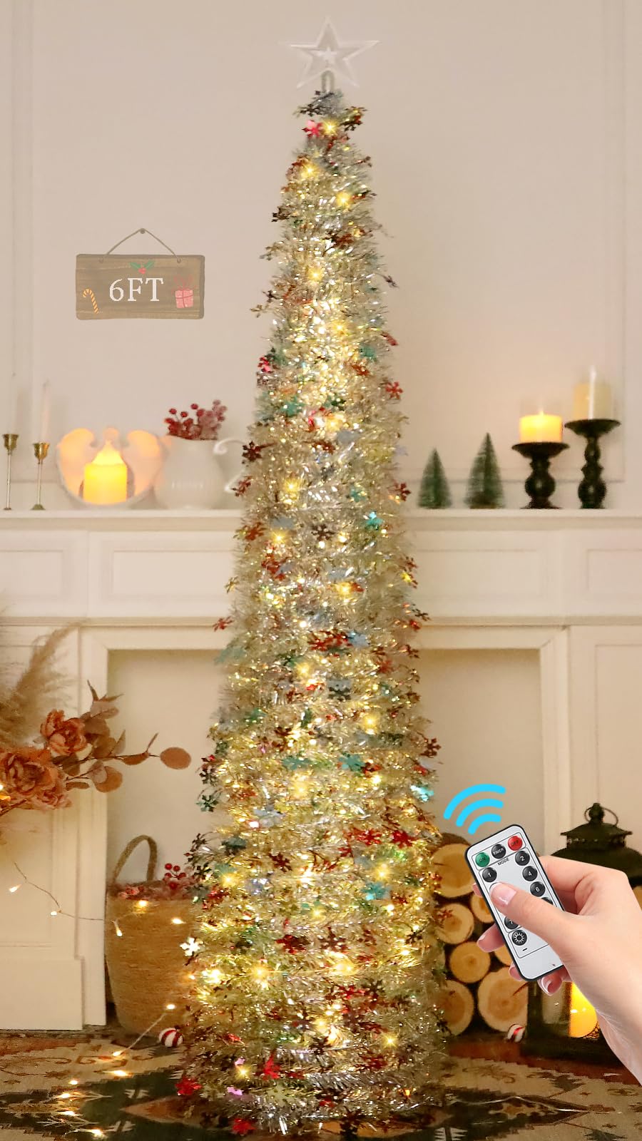 HMASYO 180 cm Pop-Up Lametta Weihnachtsbaum mit 100 Timer-Lichter und Fernbedienung, Zusammenklappba
