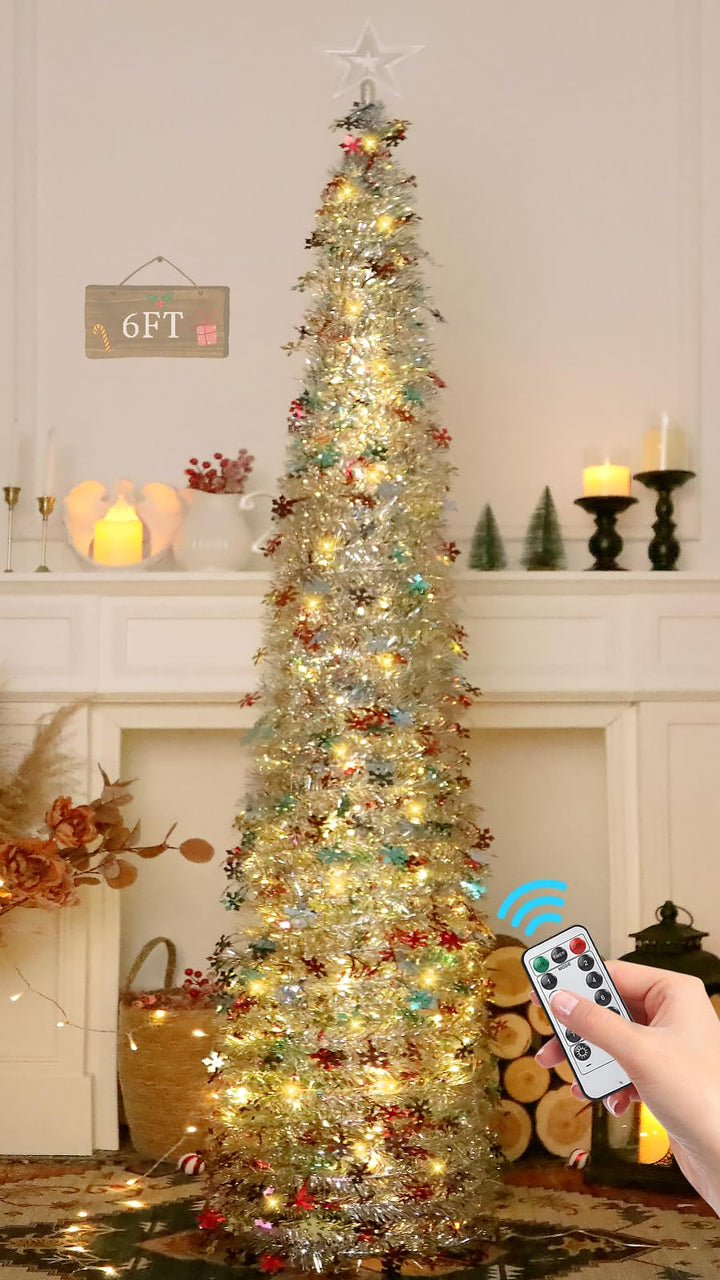 HMASYO 180 cm Pop-Up Lametta Weihnachtsbaum mit 100 Timer-Lichter und Fernbedienung, Zusammenklappba