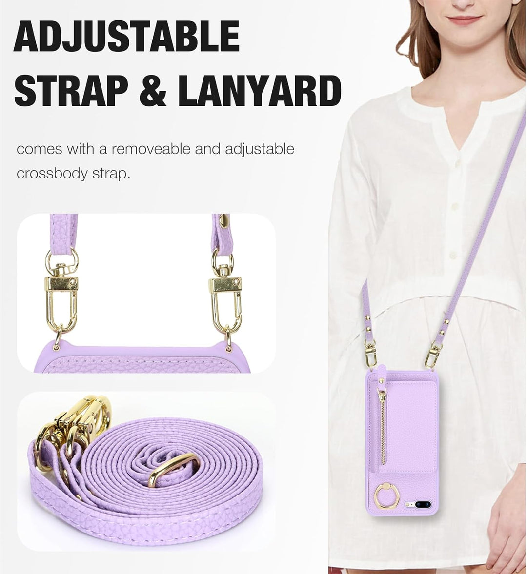 ELTEKER Handyhülle für iPhone 7 Plus/8 Plus Hülle mit Band Kartenfach Handykette Geldbörse,Leder Kla