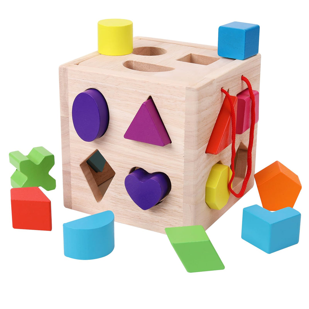 Shape Sorter Spielzeug mit 19 Shape Blocks, Shape Sorting Cube Toy Box klassisches Holzspielzeug für