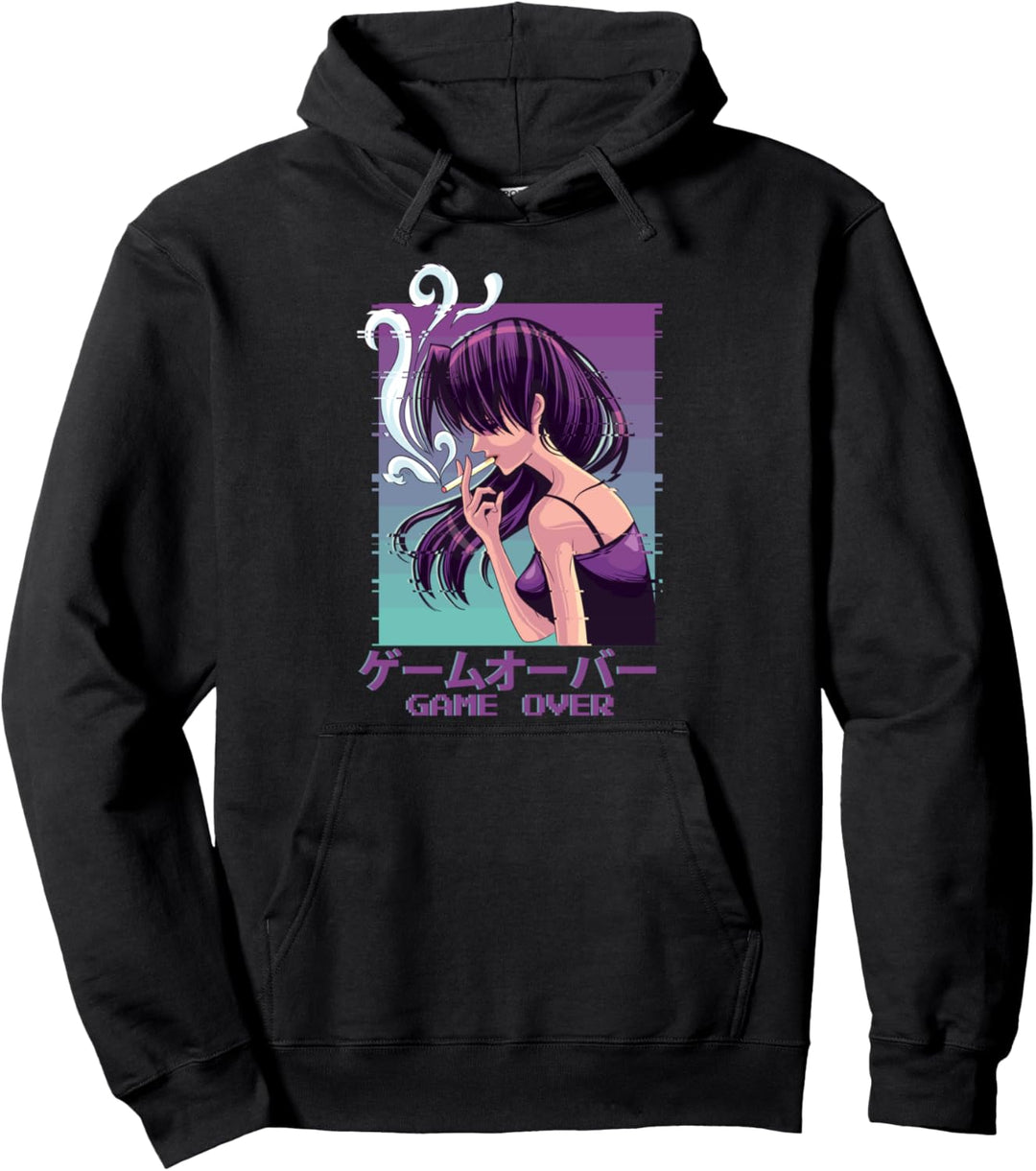 Japanese Vaporwave Sad Anime Girl Game Over Aesthetic Pullover Hoodie