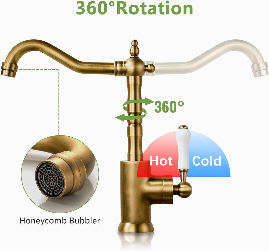 Wasserhahn Küche Antik, Wasserhahn Bad 360° Drehbar, Waschtisch Armaturen Badezimmer Gold Retro, Bad