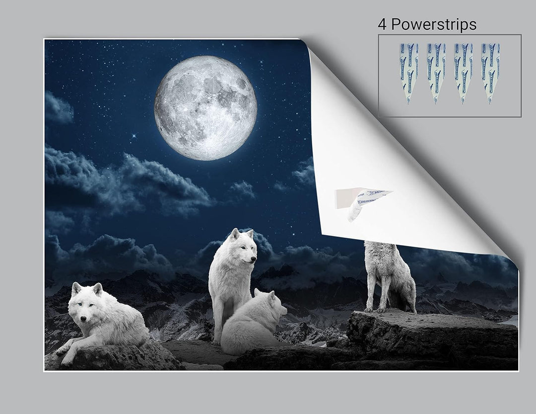 wandmotiv24 Poster als Wanddeko, Grösse 100x70cm, Wolfsrudel, Wolf, Gemälde, Mond, Wölfe, Felsen, Ti