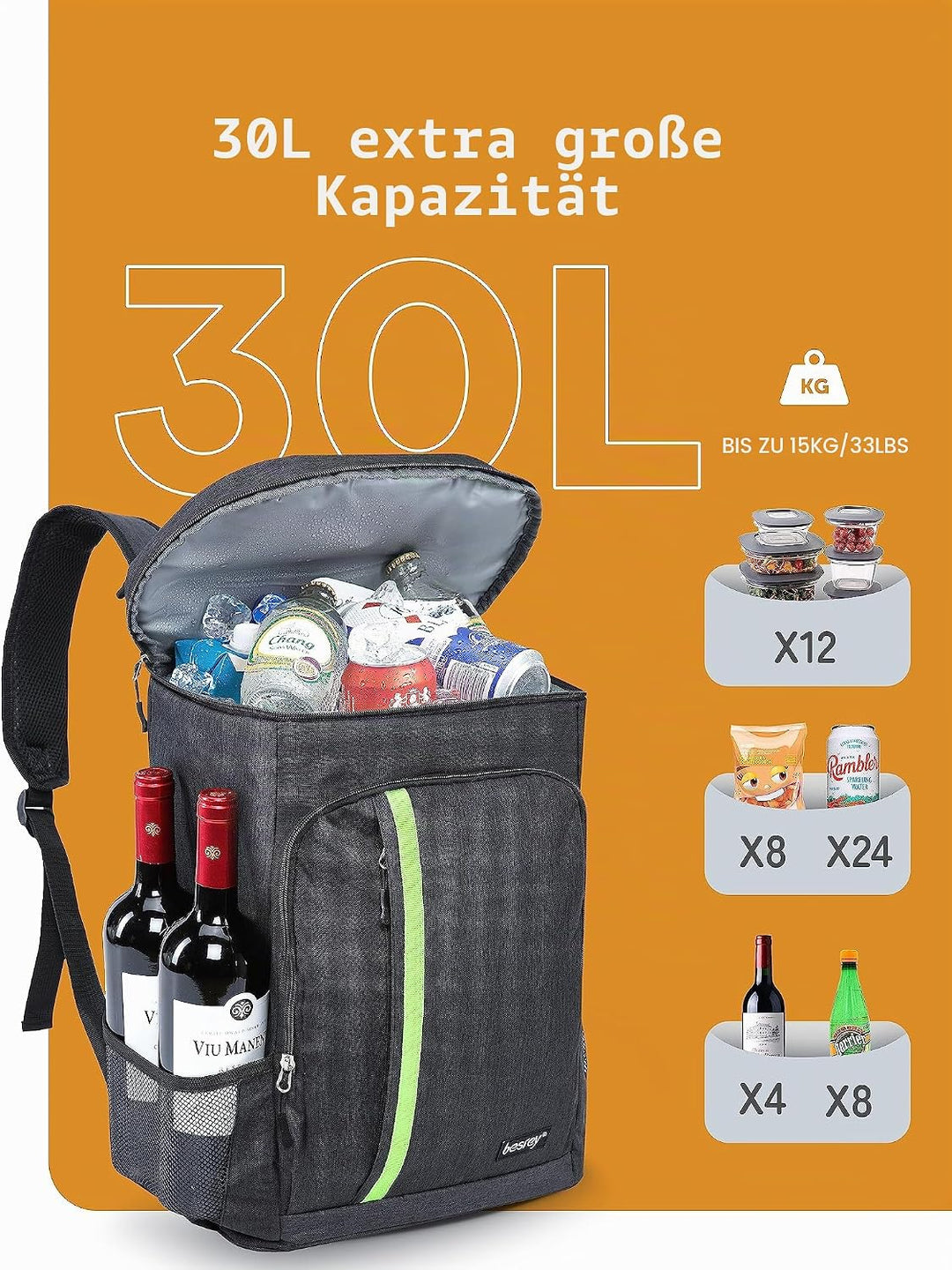 besrey Thermo-Rucksack, 30 l, Thermo-Rucksack, isoliert, hält Lebensmittel warm oder kalt, für Campi