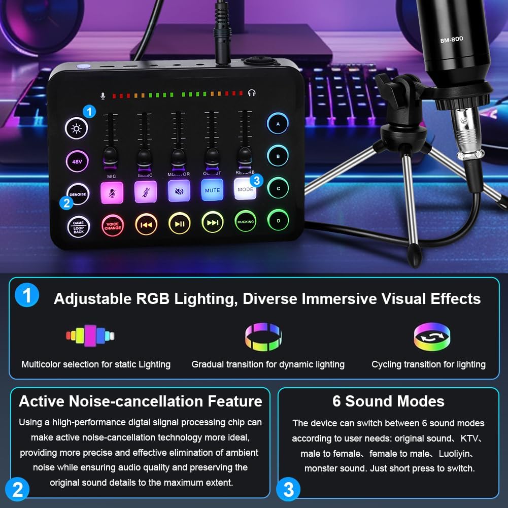 OFFCUP Podcast Equipment Set Mischpult Audiomixer mit Stativ Kondensator Mikrofon USB C Audiointerfa