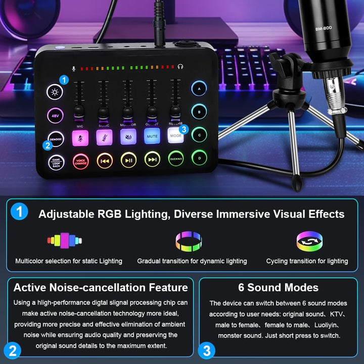 OFFCUP Podcast Equipment Set Mischpult Audiomixer mit Stativ Kondensator Mikrofon USB C Audiointerfa