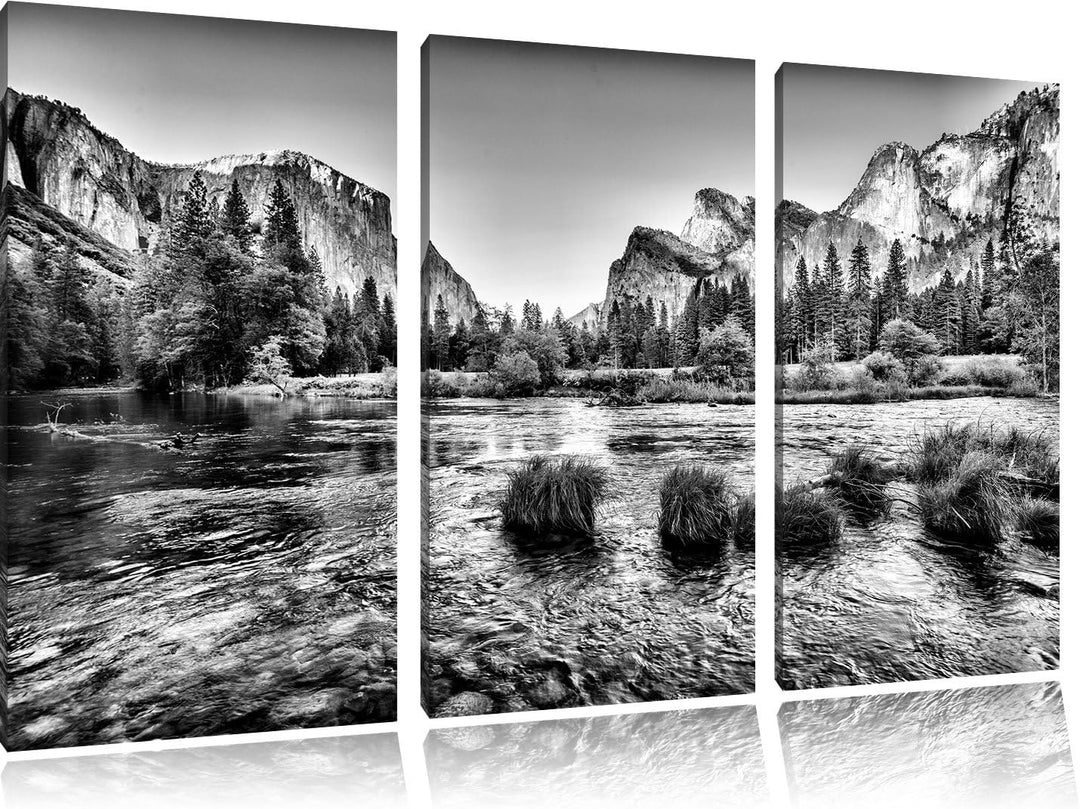 Pixxprint Monocrome, Fluss vor Berglandschaft 3-Teiler Leinwandbild 120x80 Bild auf Leinwand