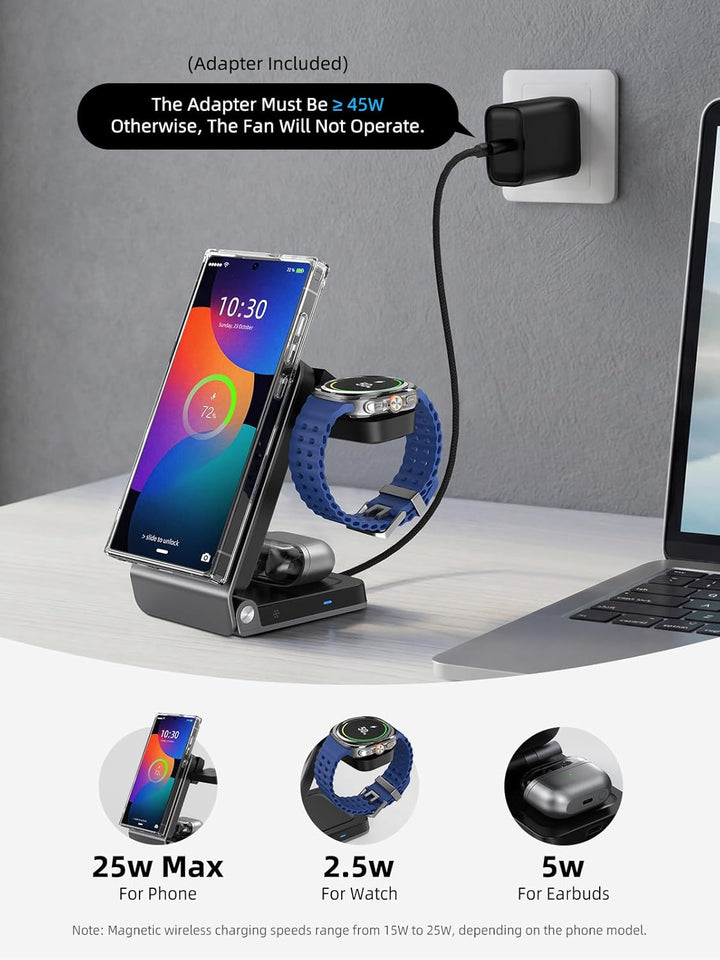 Magnetic Wireless Ladestation für Samsung mit Aktiver Kühlung, 3 in 1 Induktive ladestation für Sams