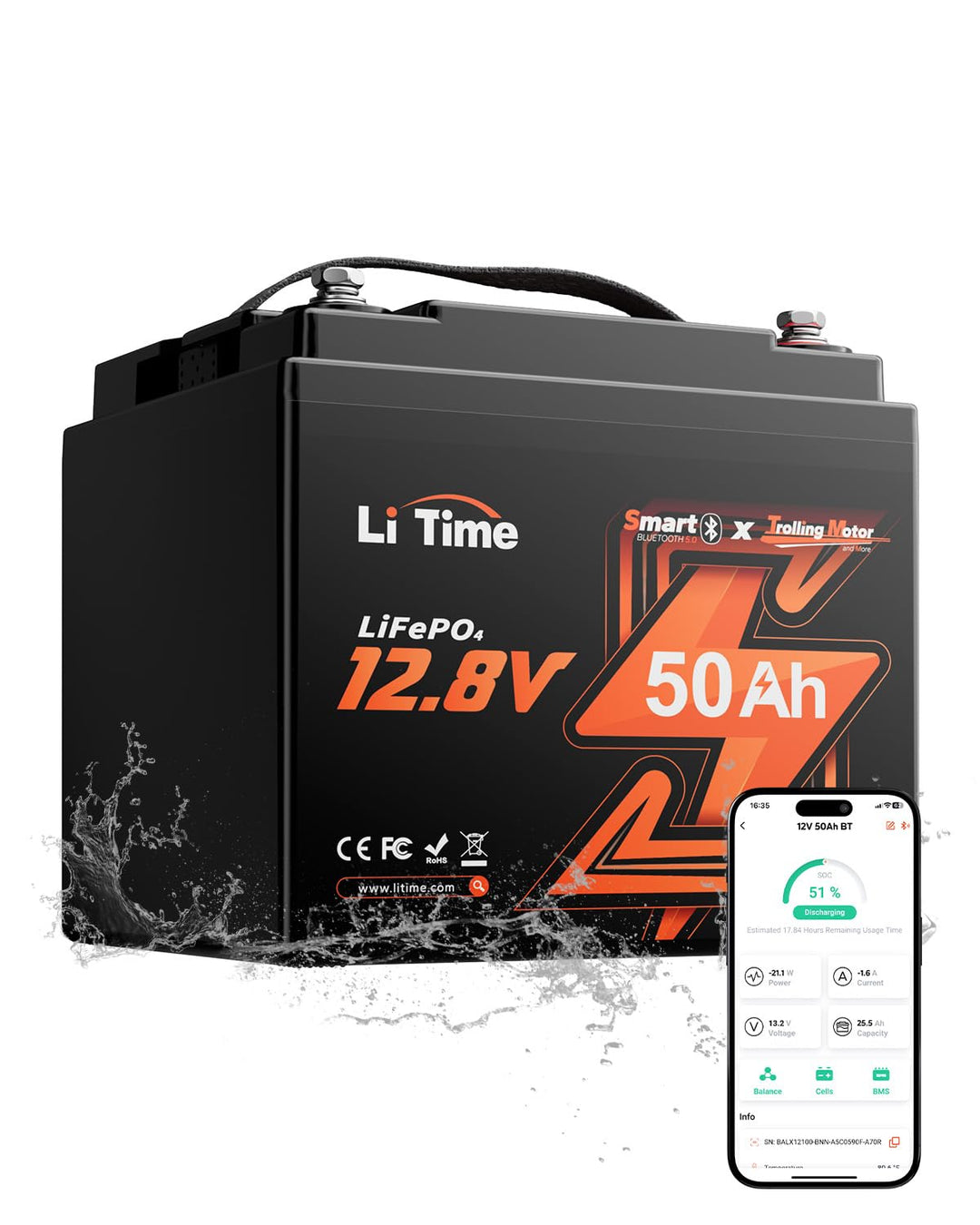 LiTime 12V 50Ah LiFePO4 Batterie Bluetooth für Trolling Motoren, mit 50A BMS Low-Temp Protection, Ma
