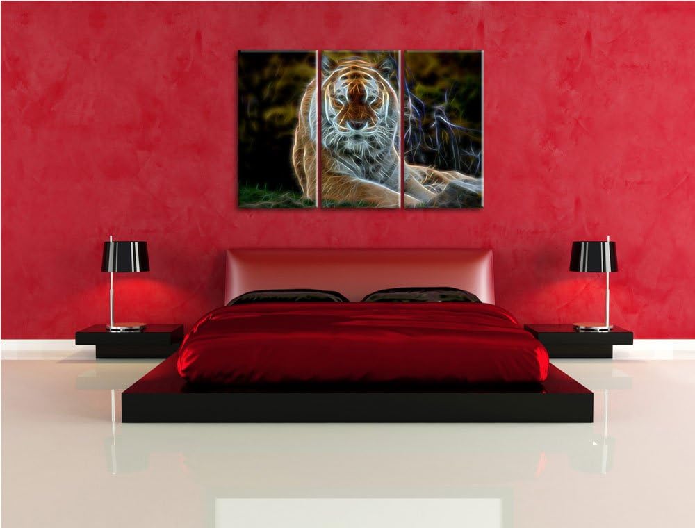 Dark schöner Tiger auf Wiese NewArt 3-Teiler Leinwandbild 120x80 Bild auf Leinwand, XXL riesige Bild